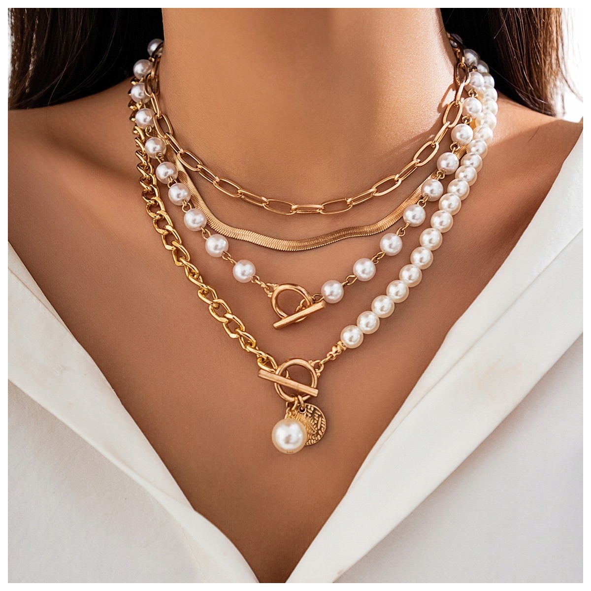 Naszyjnik 4w1 Kolor Złoty Biały Warstwowy Masa Perłowa Boho Moda Letnia