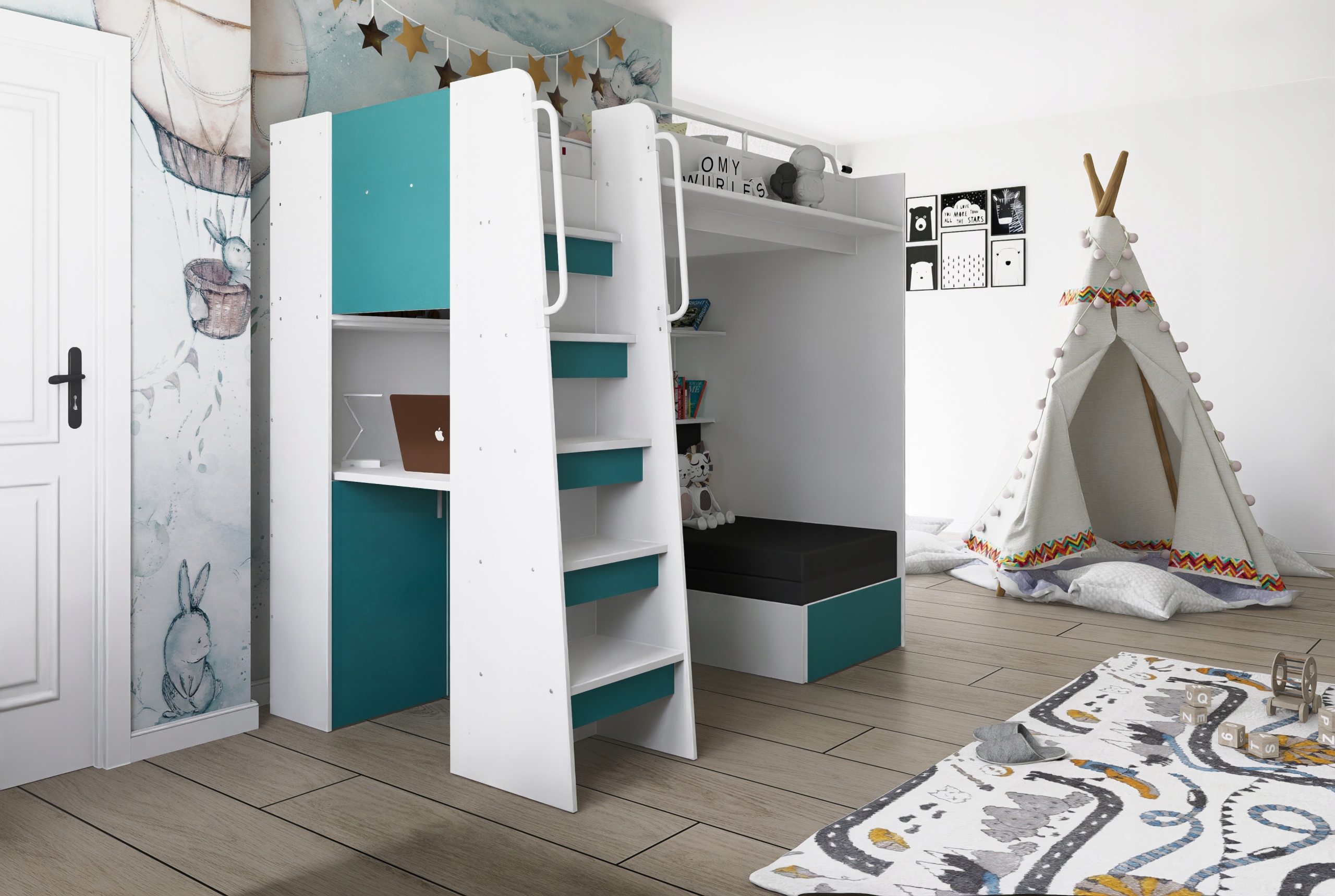 Łóżko piętrowe JSM7 z sofą i biurkiem + materac Gratis! Typ łóżko piętrowe