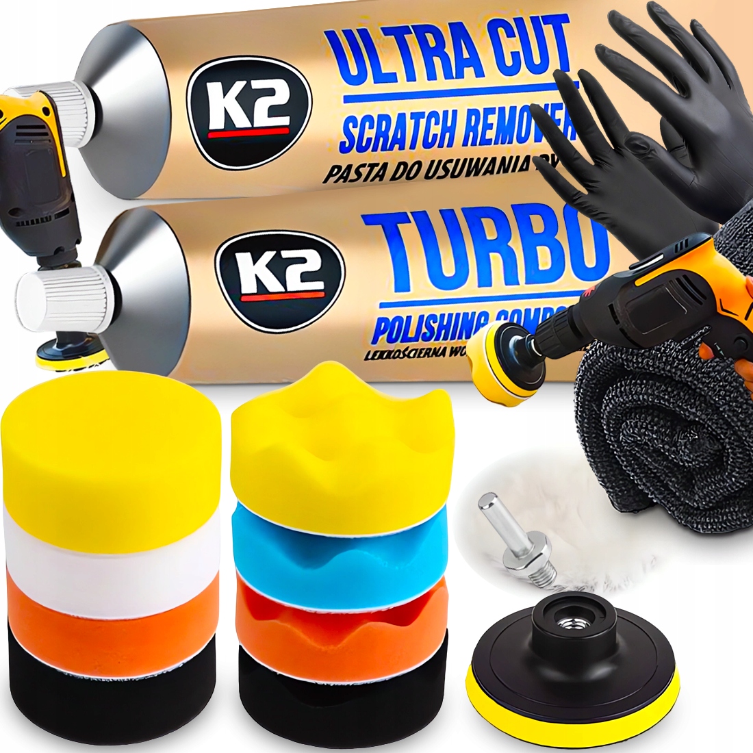 K2 Ultra Cut Pasta Polerska Turbo Zestaw Gąbek Do Polerowania Usuwania Rys