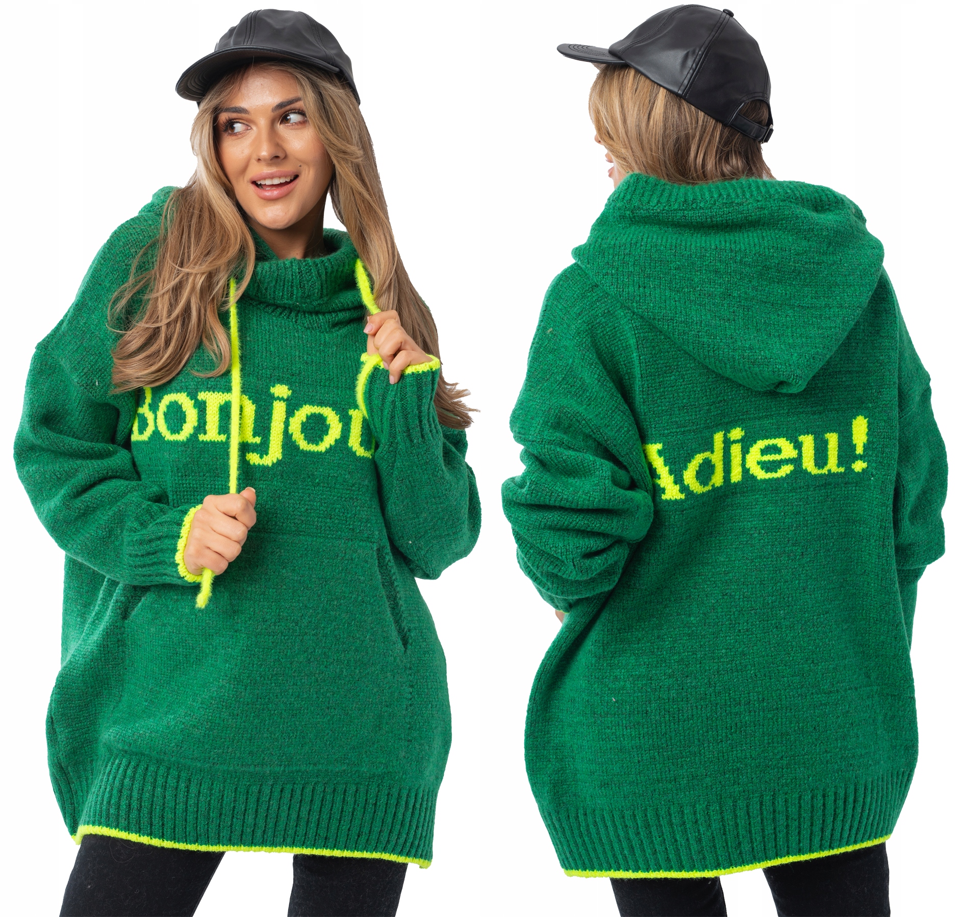 Bonjour zdobený nápisy Svetr oversize mikina s kapucí Kangurka L/XL