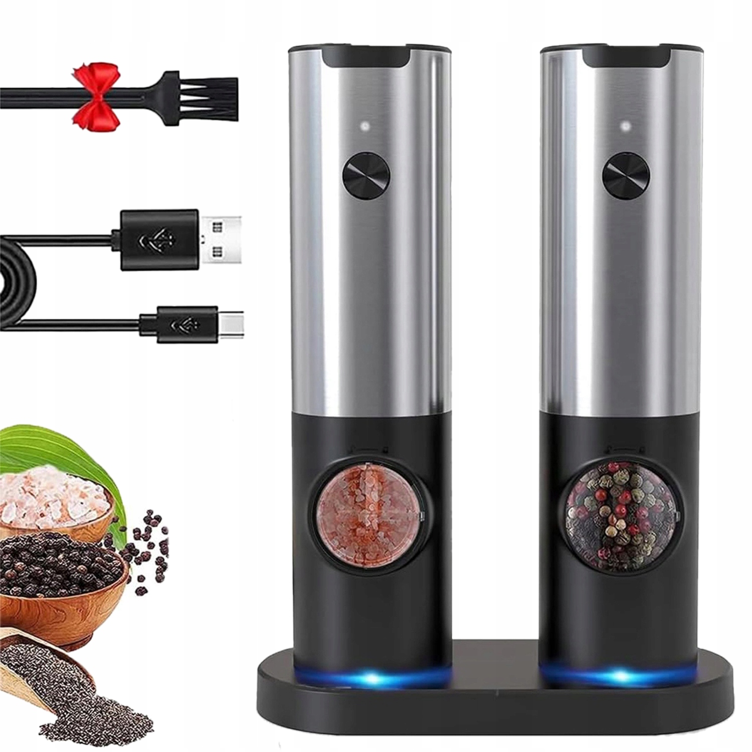 Elektryczny młynek do soli i pieprzu z bezprzewodową podstawką ładującą