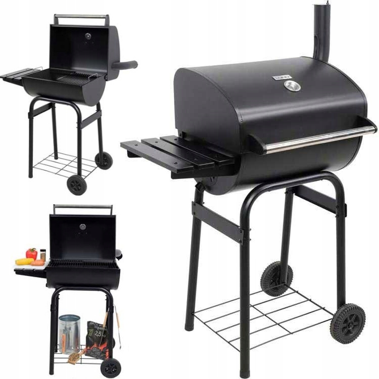 Lund Grill Gril Węglowy Ogrodowy Z Pokrywą Ruszt 47x34CM 2 Półki Na Kółkach