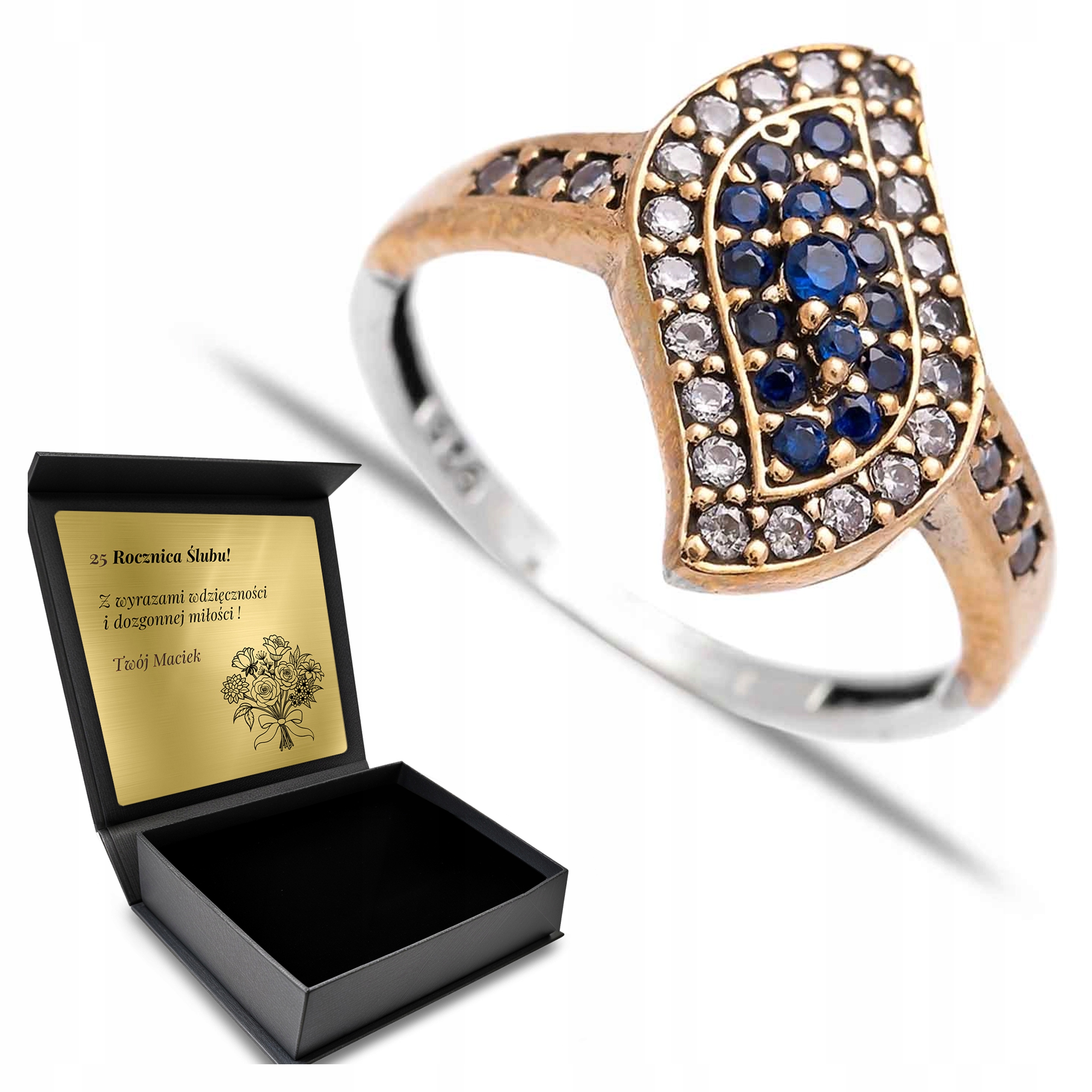 Prstýnek 925 Zirkony Safír Dárek pro ženu Gravírování Bonus