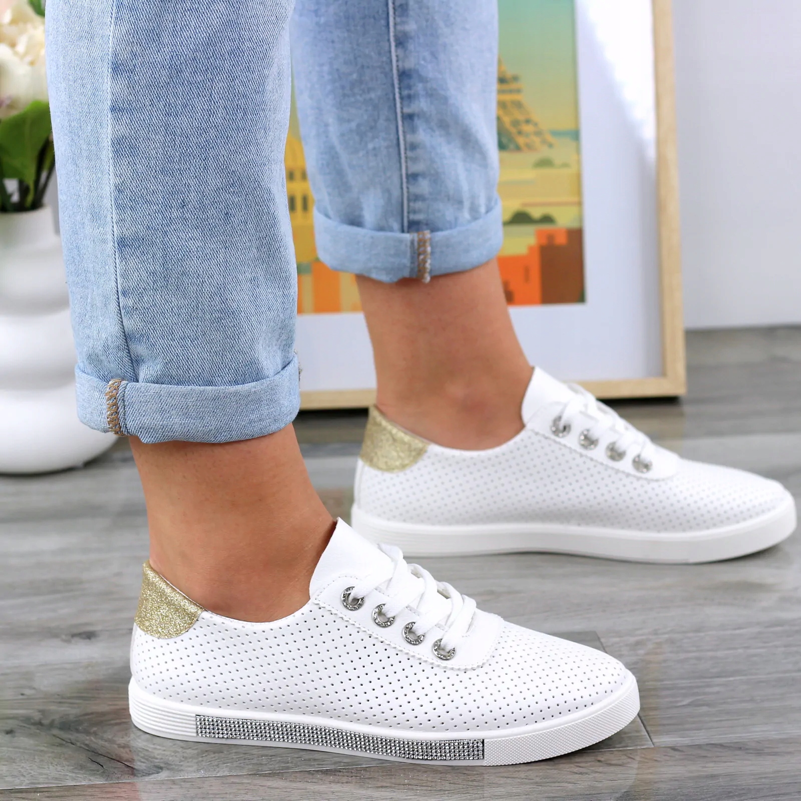 Miękkie Wygodne Biało Złote Eko Skórzane Tenisówki Ażurowe Trampki Damskie Kod producenta gre321