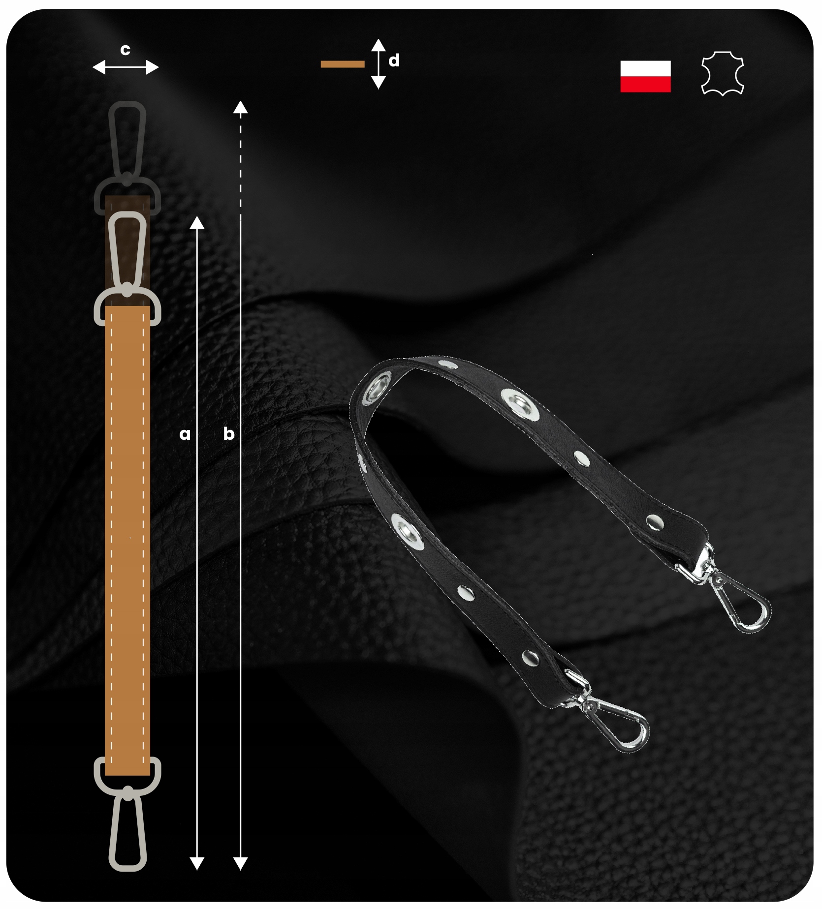 SKÓRZANA RĄCZKA PASEK DO TOREBKI OBAG CZARNY SKÓRA NATURALNA Kolor czarny