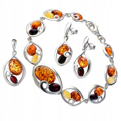 Stříbrný Komplet náramek přívěsek náušnice z Jantarového Stříbra Ag 925