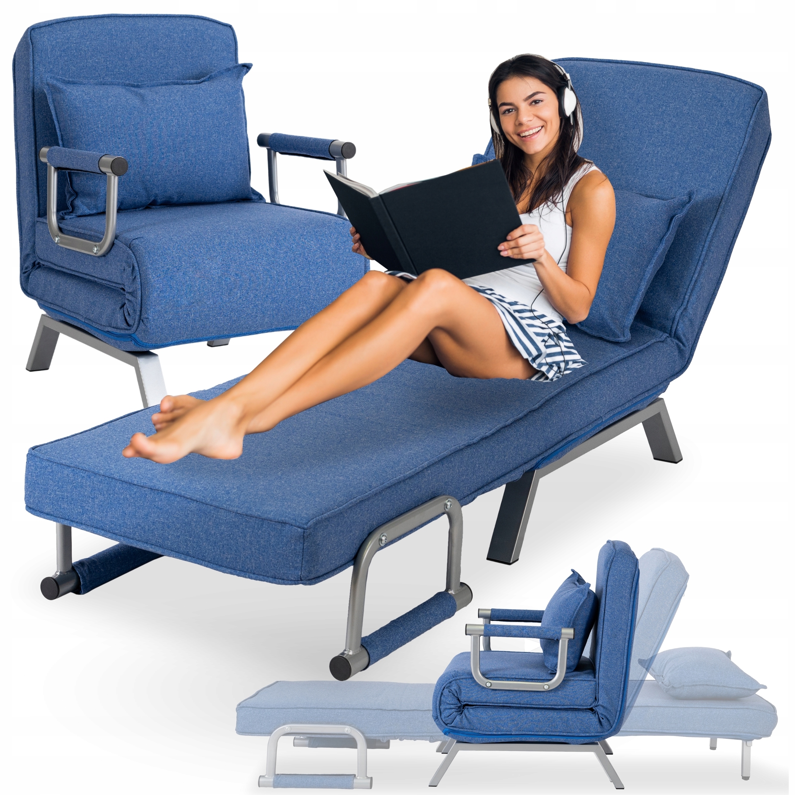 Rozkládací křeslo Jednolůžkové Pohodlné Bart Modré lehátko na spaní