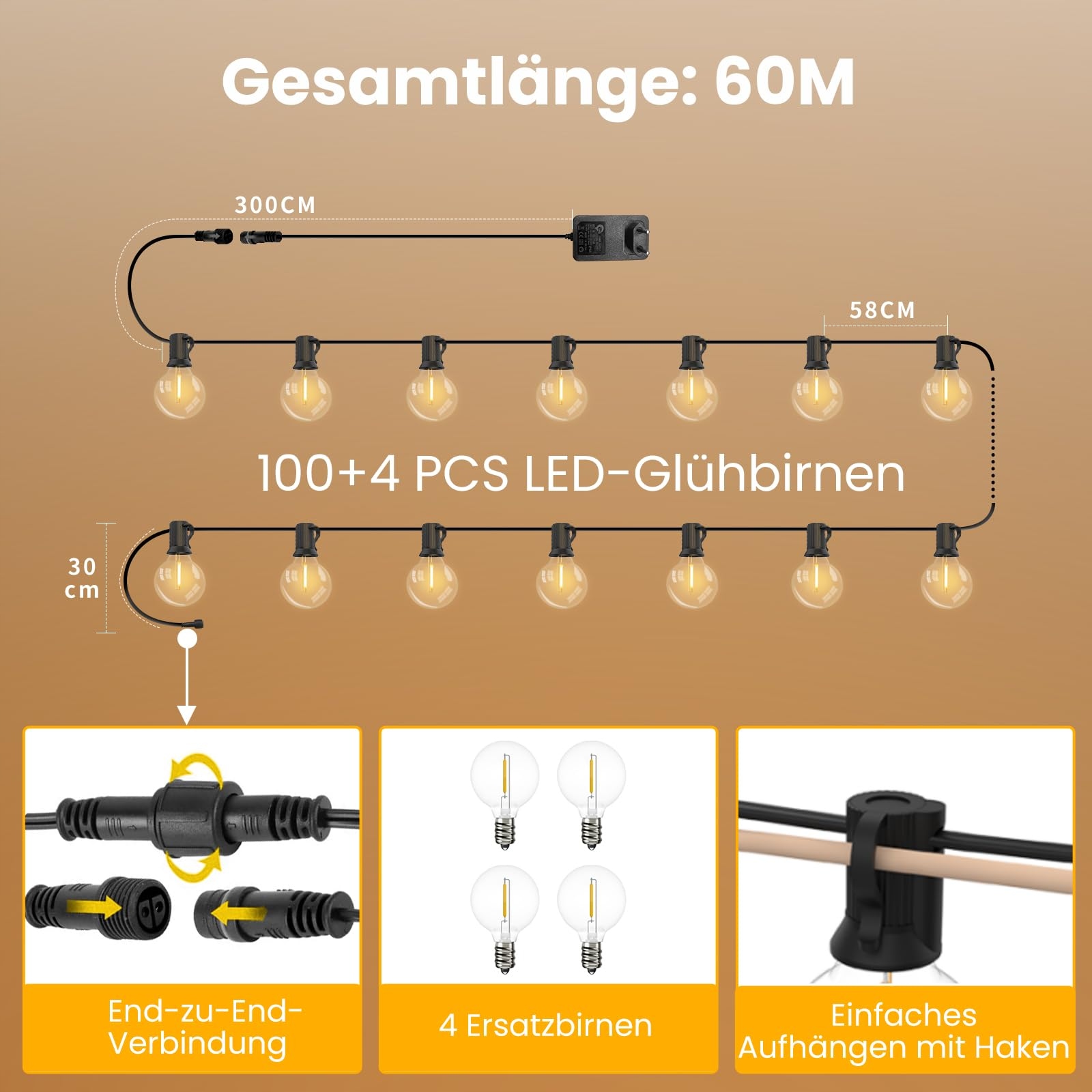 YUUSEI Girlanda 60M Lampki LED Zewnętrzne Z Pilotem G40 IP45 Ciepłe Białe — miniatura 4
