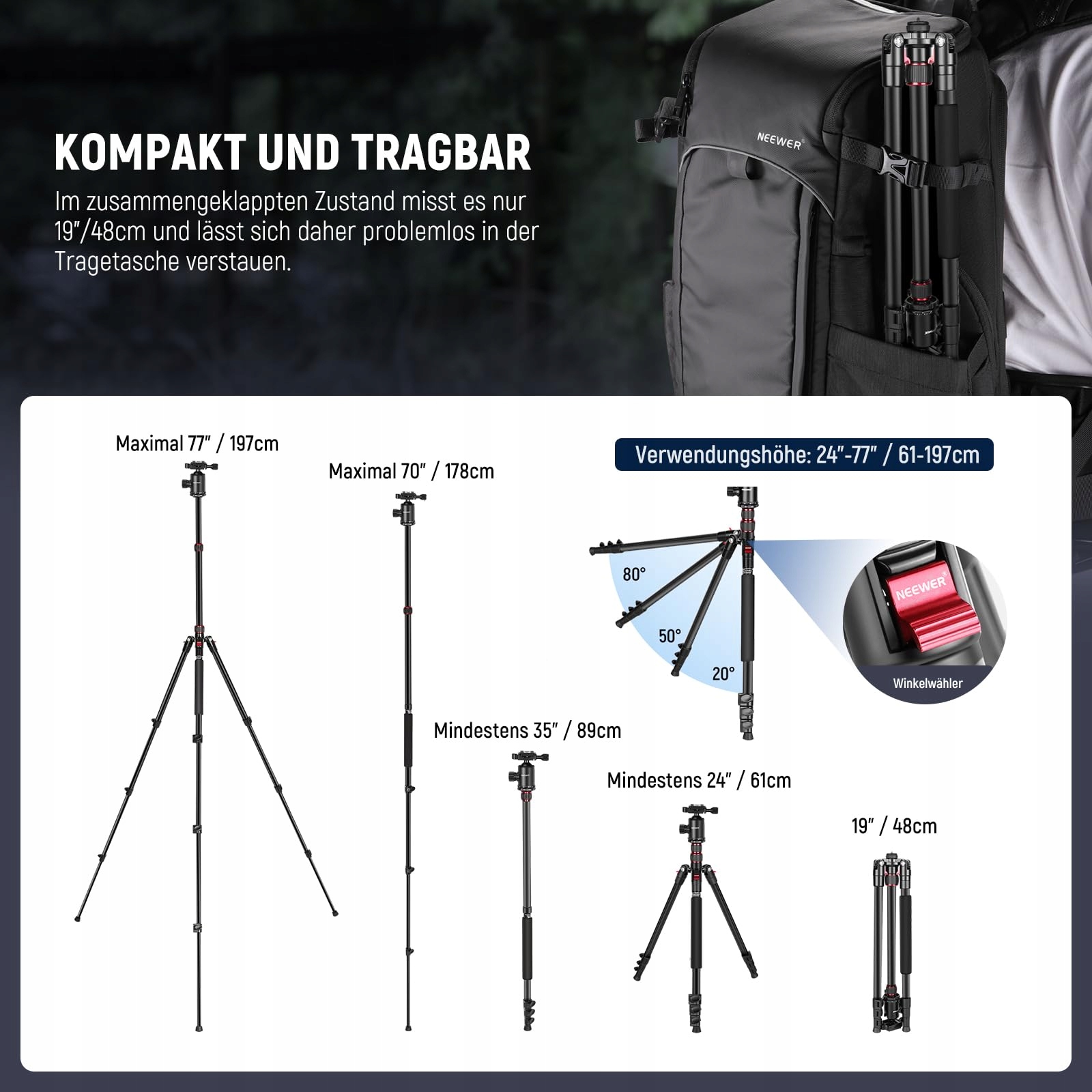 NEEWER Statyw Do Aparatu 77" DSLR Telefon 360° Głowica Panoramiczna ALU — miniatura 7
