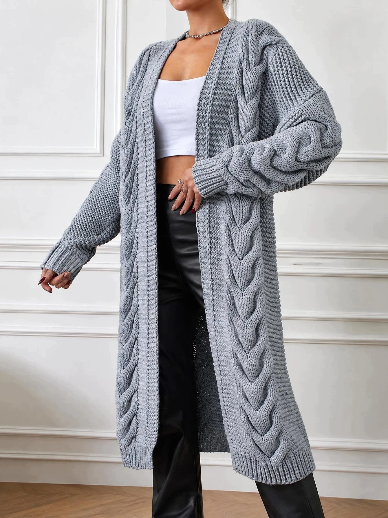 Svetr Kardigan Copánkový Světle Šedý Dlouhý Oversize Shein Unisize