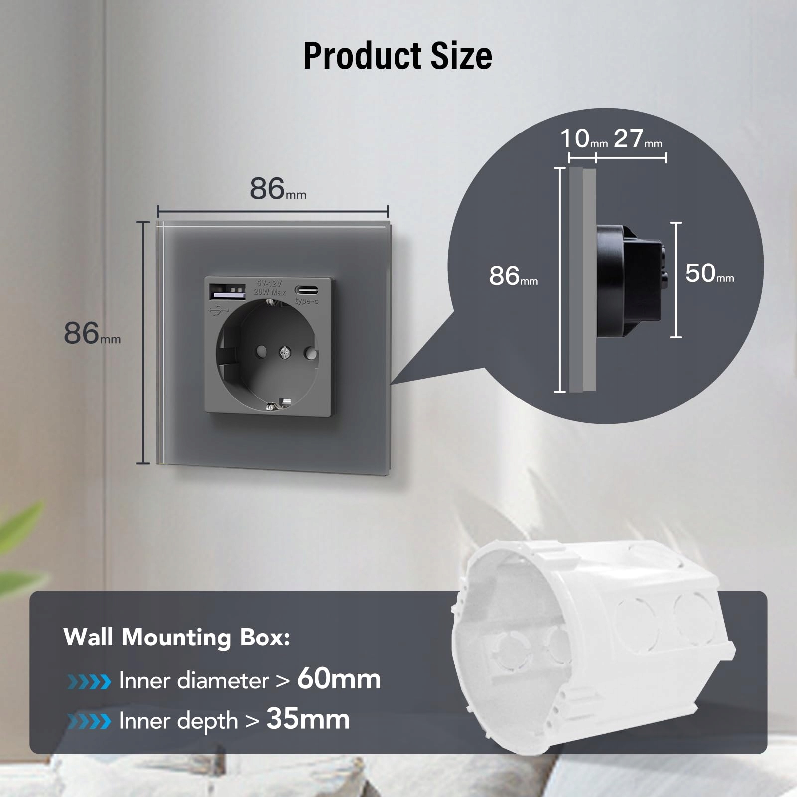 BSEED Gniazdko Schuko USB Typ C Szybkie Ładowanie 20W Szklane Szare — miniatura 7