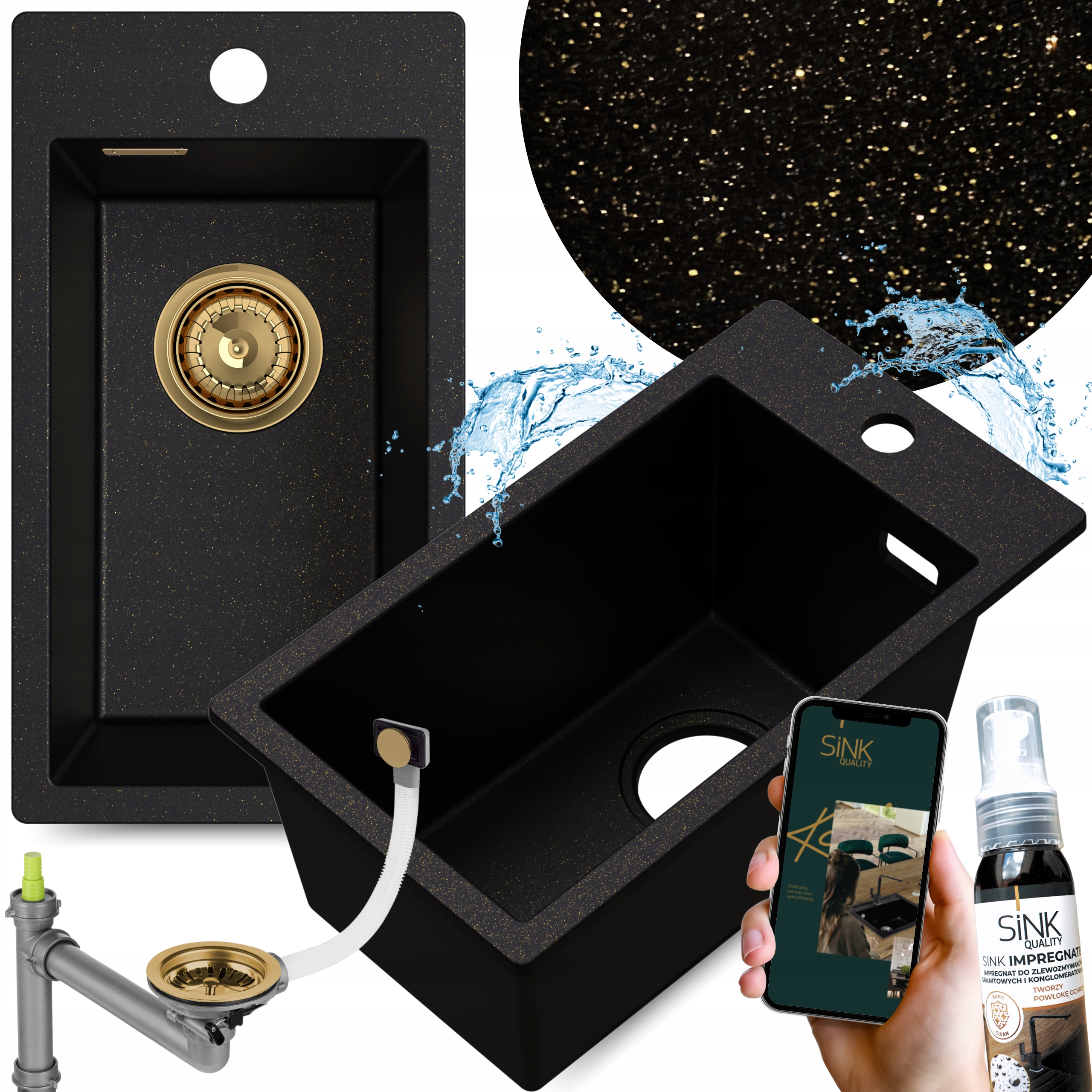 Granitový dřez černý zlatý Jednokomorový Malý Úzký kuchyňský Dřez