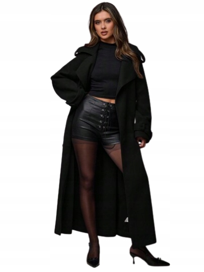 Shein Dámský Černý Kabát S Hladkým Páskem 38 1KL