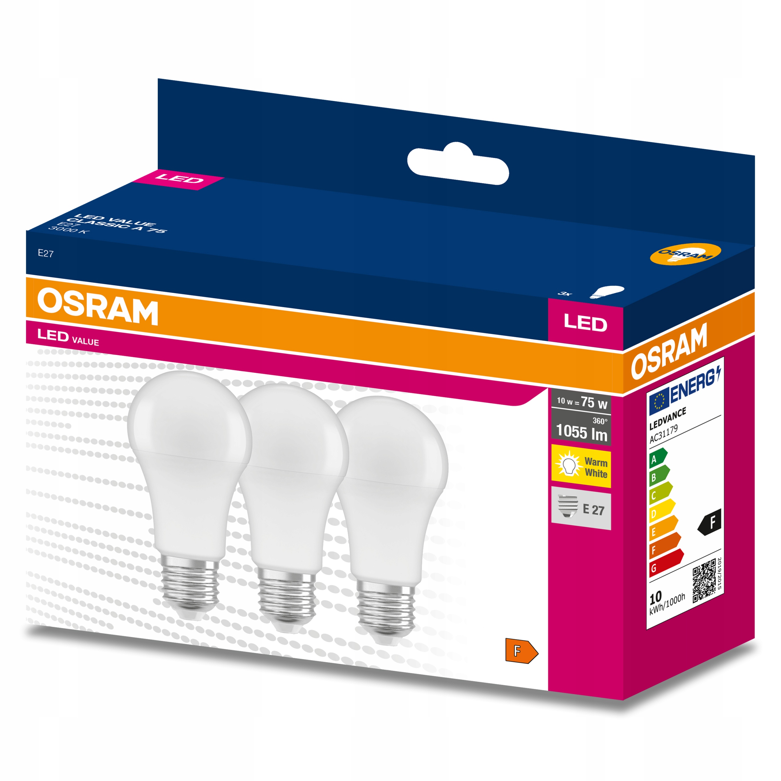

3x Żarówka Led E27 A60 10W 75W 1055lm 3000K Osram