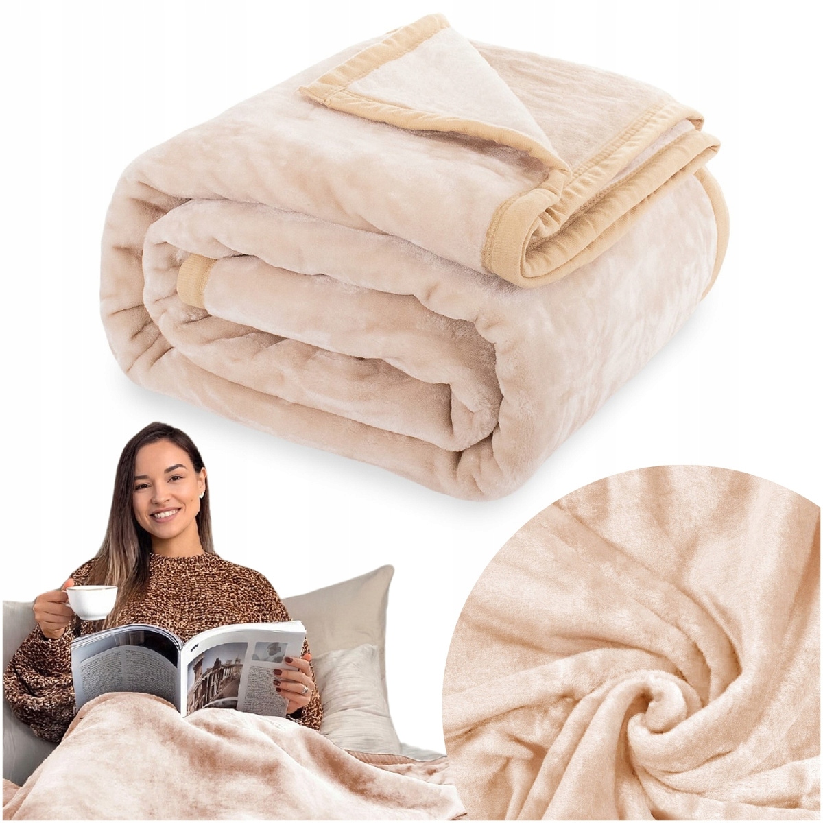 Deka 160x200 akrylová jednobarevná teplá Tlustá pléd na postel Yasemin krémová