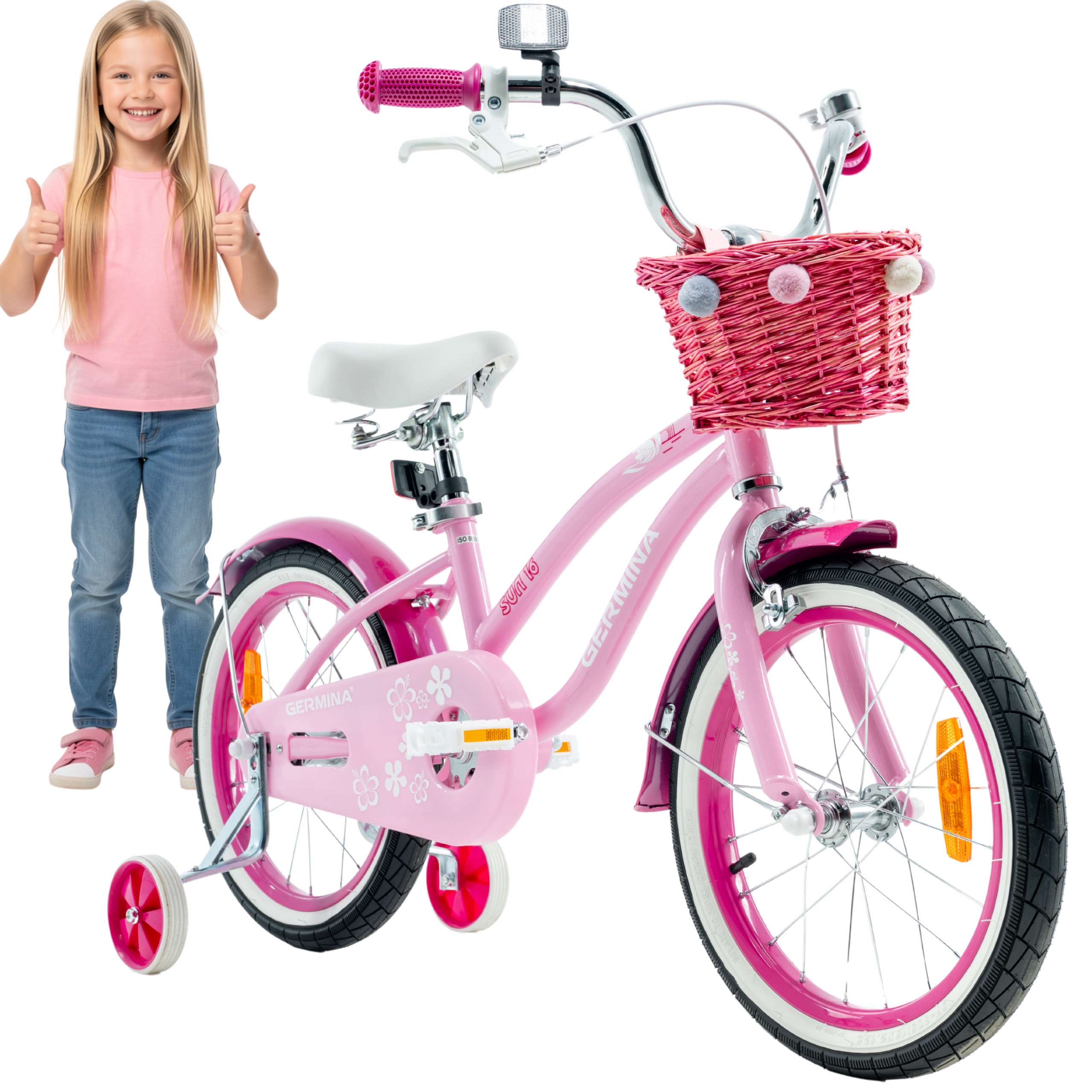 Rowerke dziecięcy dla dziewczynki 16 cali różowy plażowy kółka boczne kosz