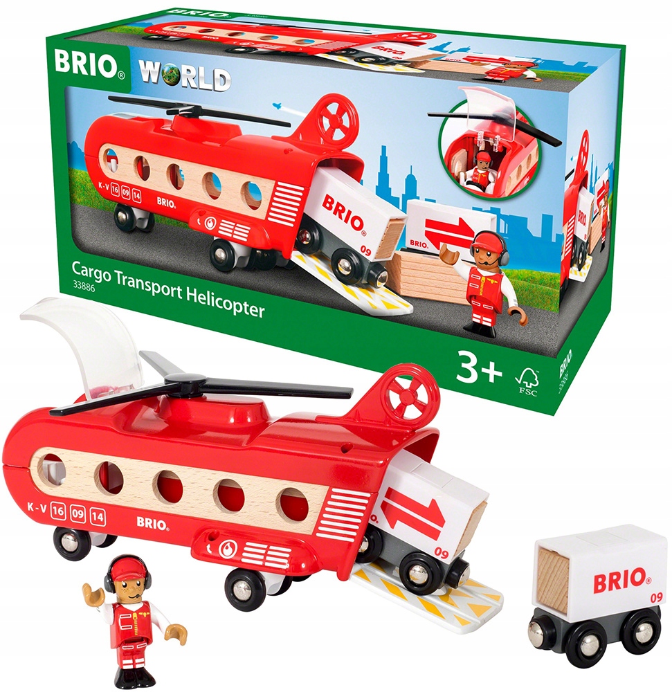 BRIO ZESTAW HELIKOPTER TRANSPORTOWY FIGURKA + 2 WAGONY 33886