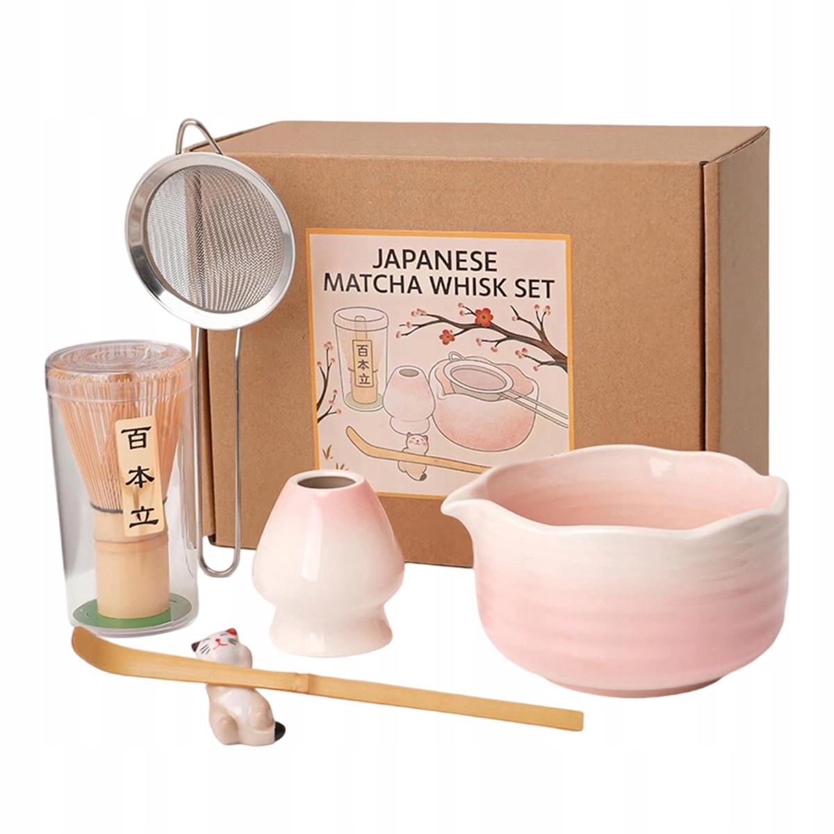 CERAMICZNY KOMPLET DO MATCHA RÓŻOWY Z AKCESORIAMI BAMBUSOWYMI