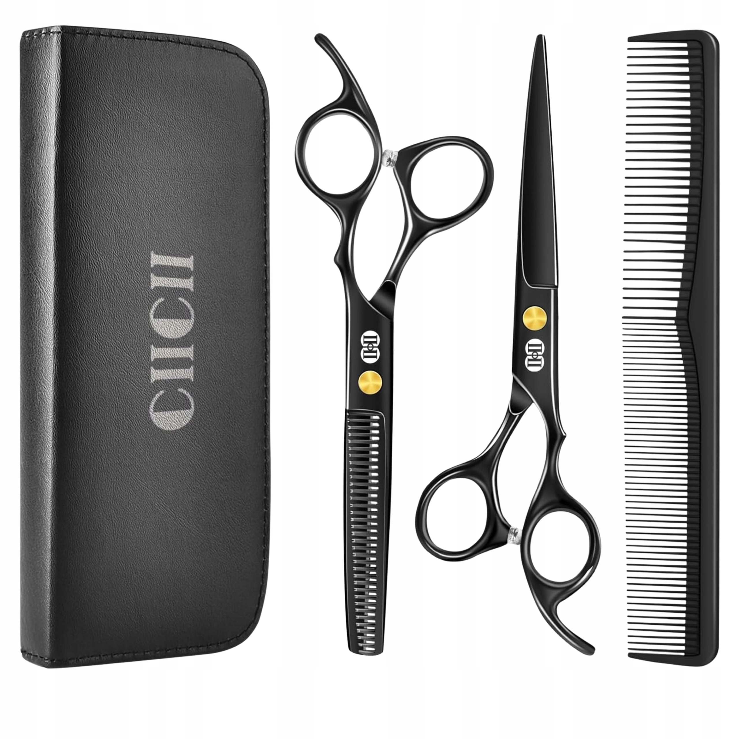 Sada kadeřnických nůžek 17 cm 8v1 černá ocel 440C degustace pouzdro pro