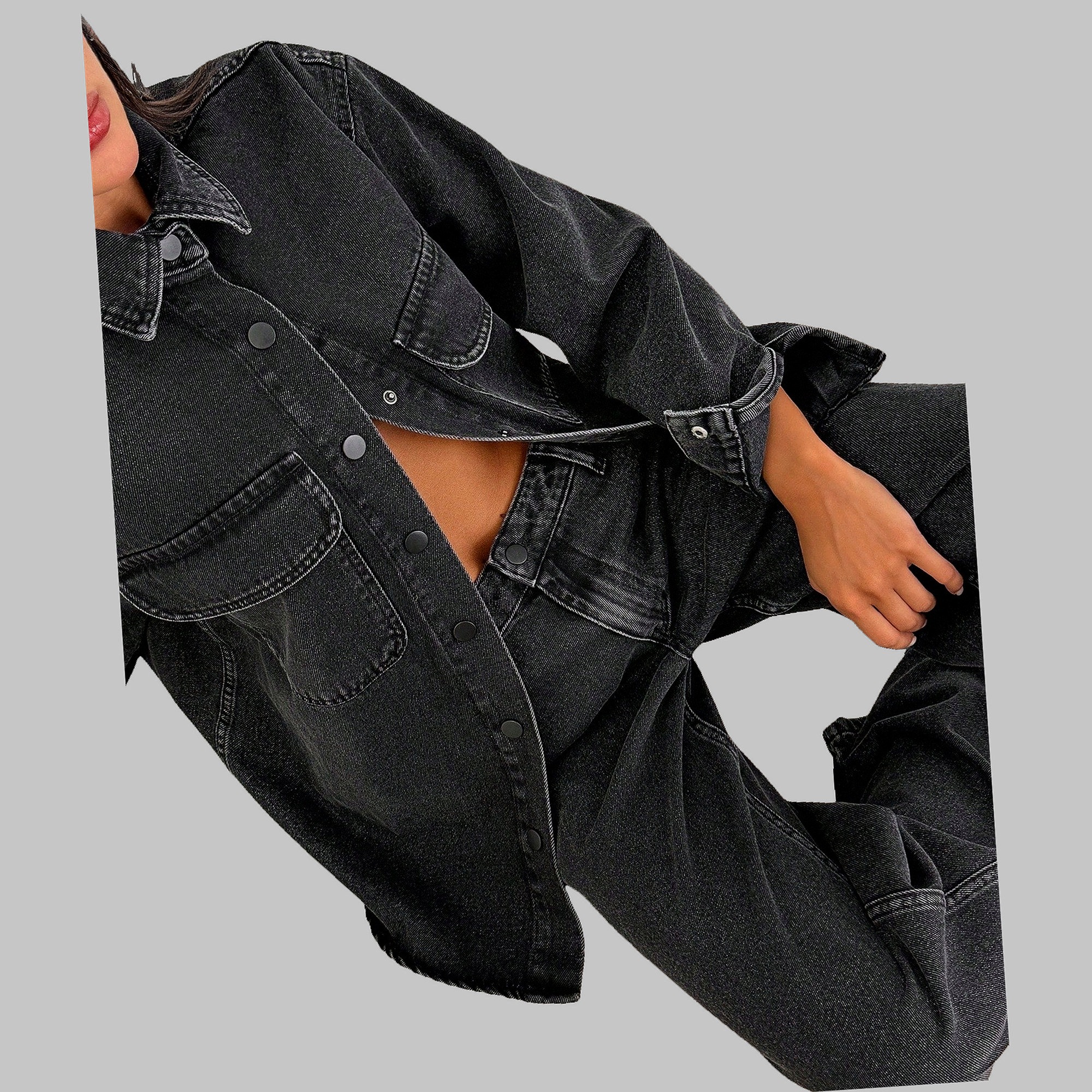 Dámský Komplet Jensový Šedý Oversizze Bunda Kalhoty Casual Shein M 38