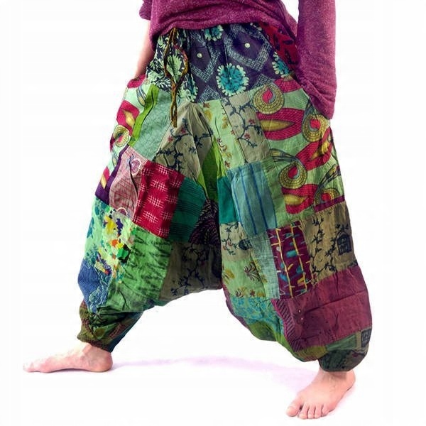 

Szarawary spodnie przewiewne patchwork zielone