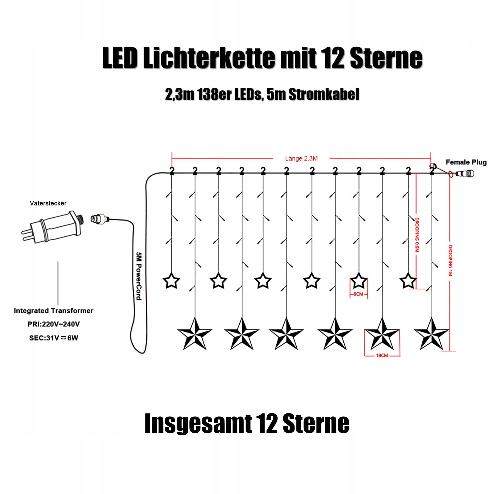 12 STERNE LAMPKI LED KURTYNA ŚWIETLNA NA ŚWIĘTA WEWNĄTRZ ZEWNĄTRZ — miniatura 6