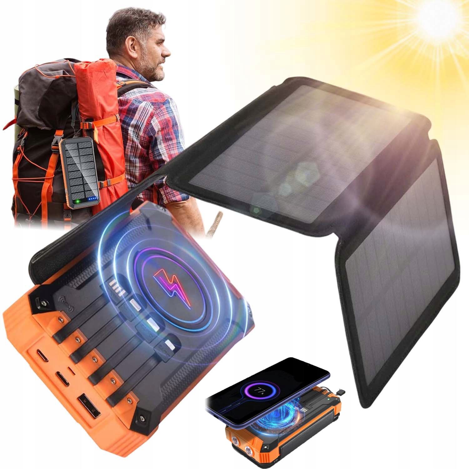 Solární Powerbanka 20000 Mah 4 Solární Panely Qi 10W S Led 3 Porty 4 Kabely