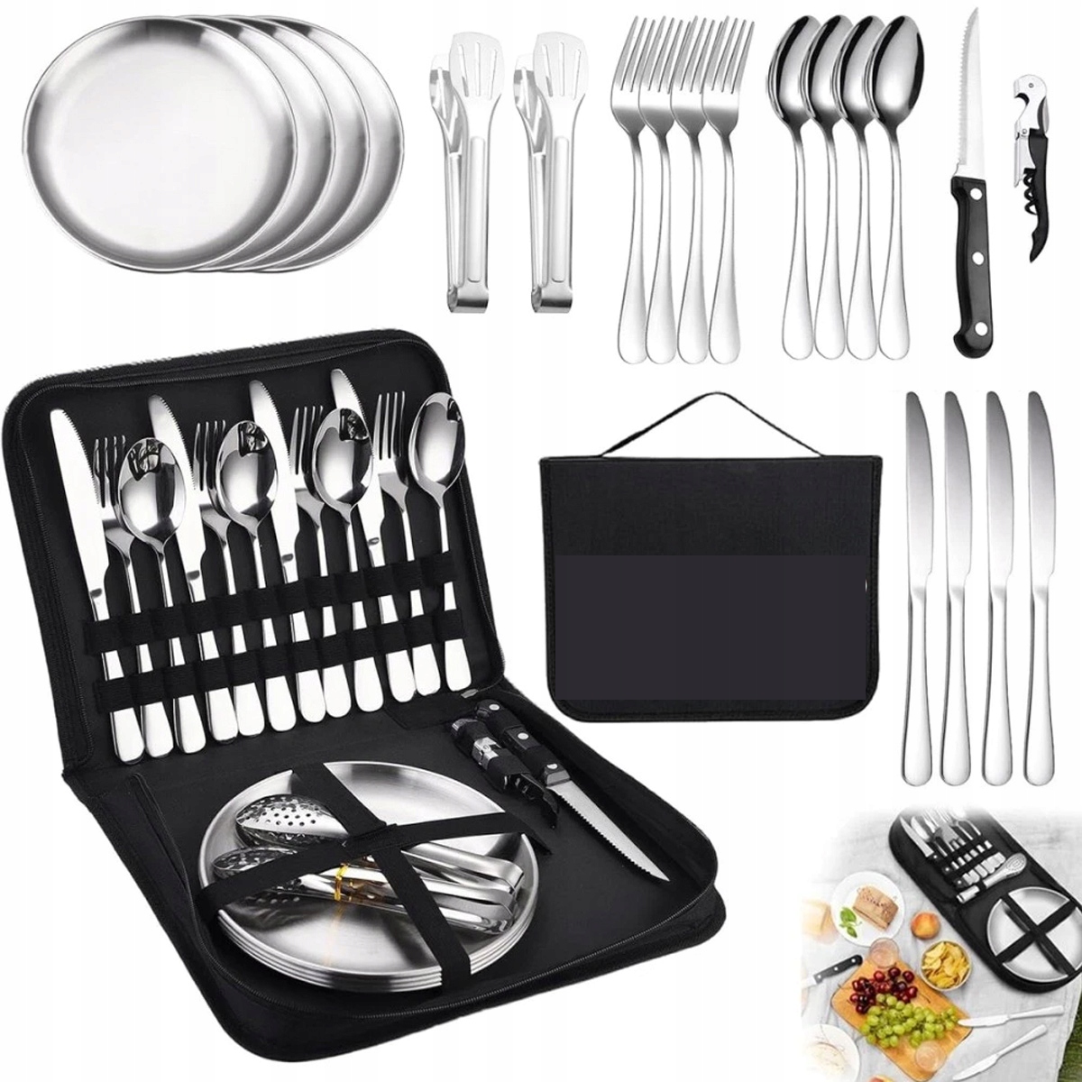 Zestaw piknikowy turystyczny biwakowy sztućce talerze metal 4 os etui