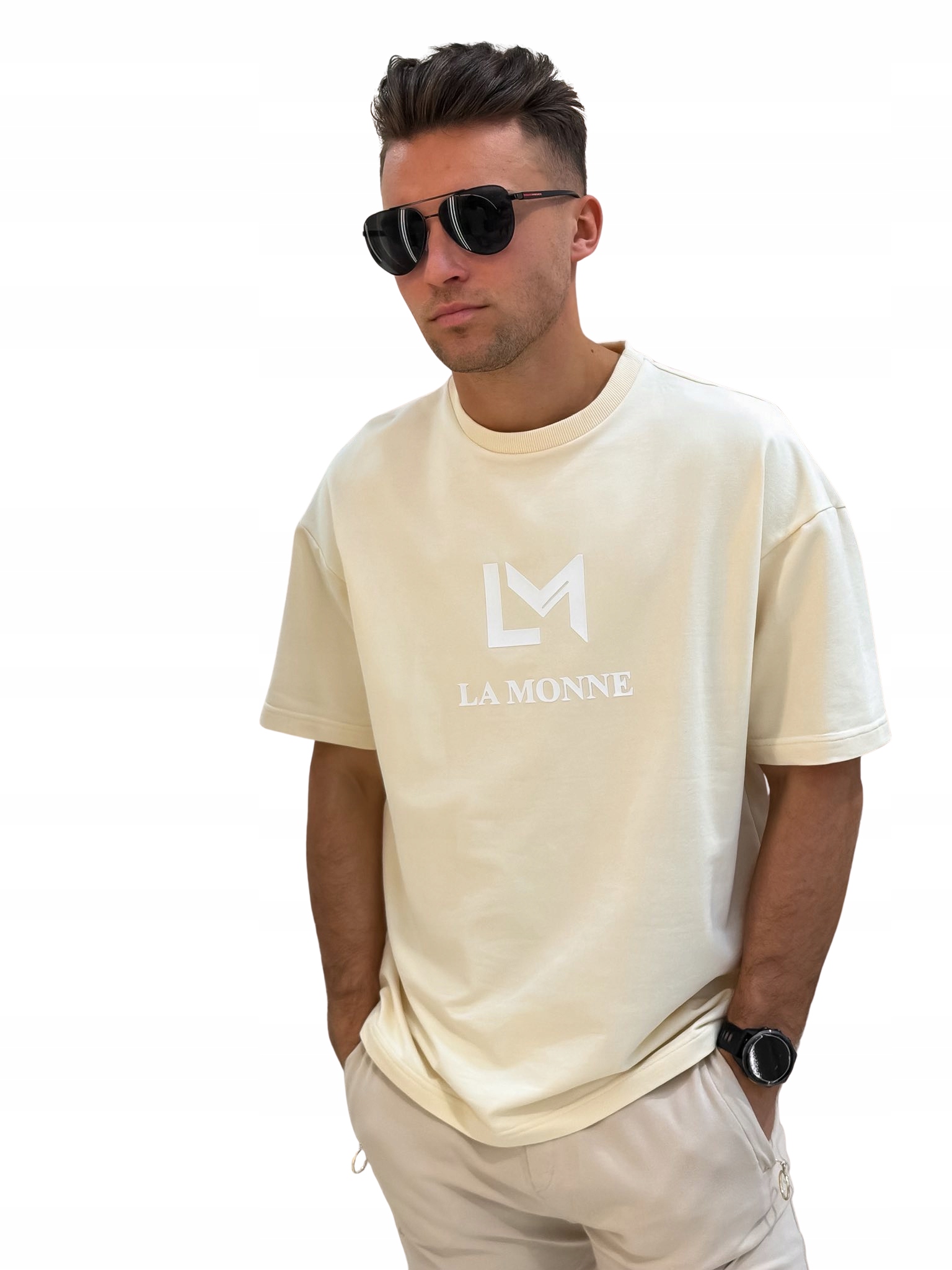 Pánské tričko La Monne Matching Set světle béžovo-bílé XL
