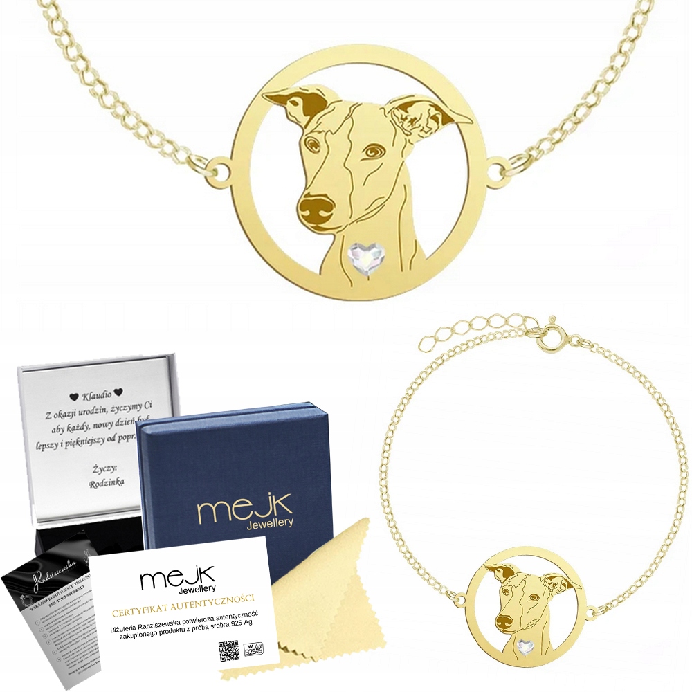 Zlatý náramek se psem plemene Whippet 925 Dárek Šperky Gravírování Bonus