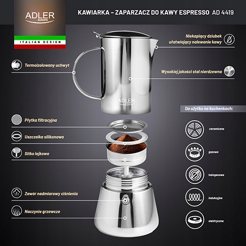 Kawiarka AD 4419 - Ekspres do Espresso 350ml - Włoski Smak