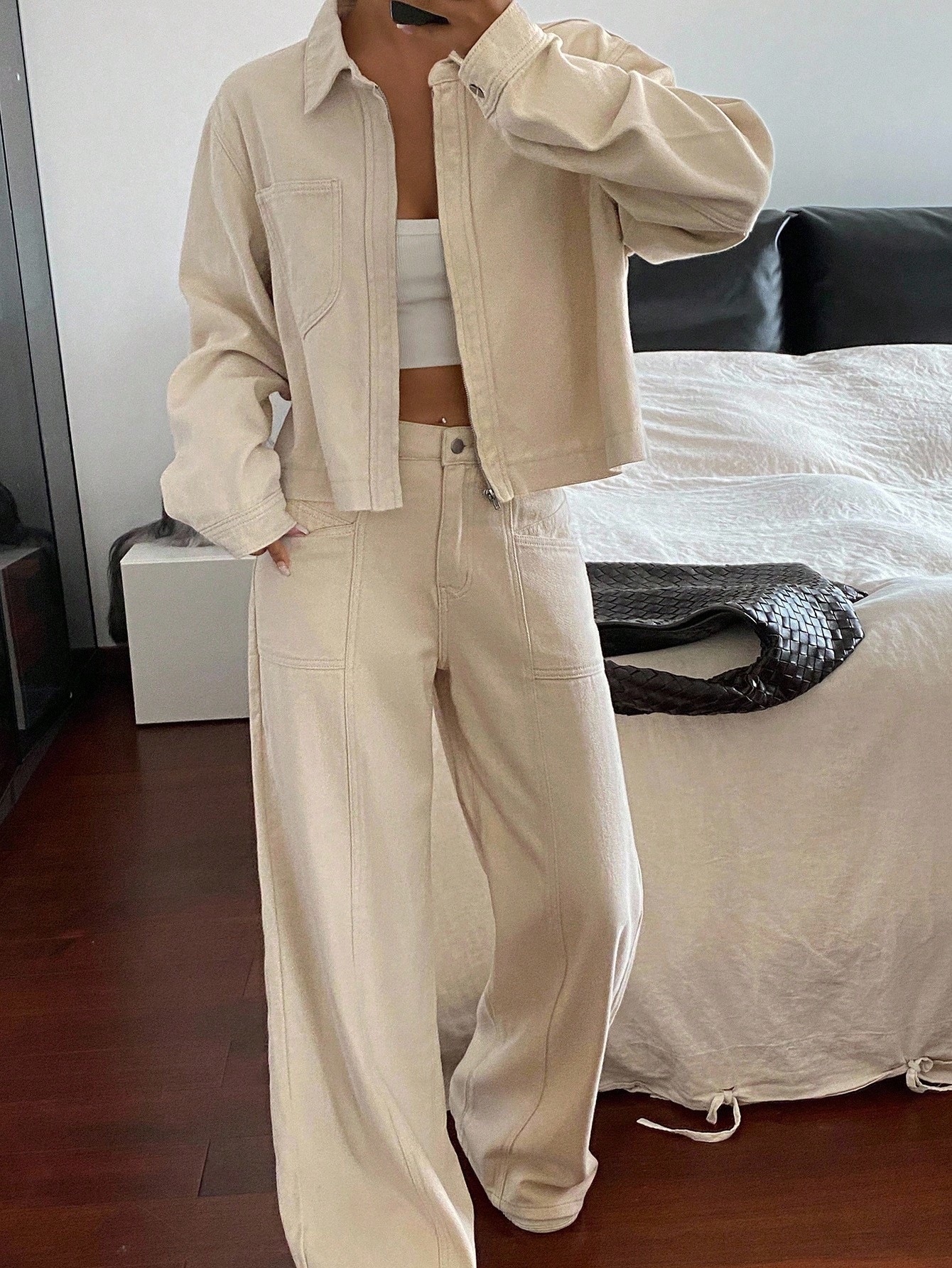 Shein Béžový Dámský Komplet S Límečkem A Knoflíky Bavlna XL 1LA