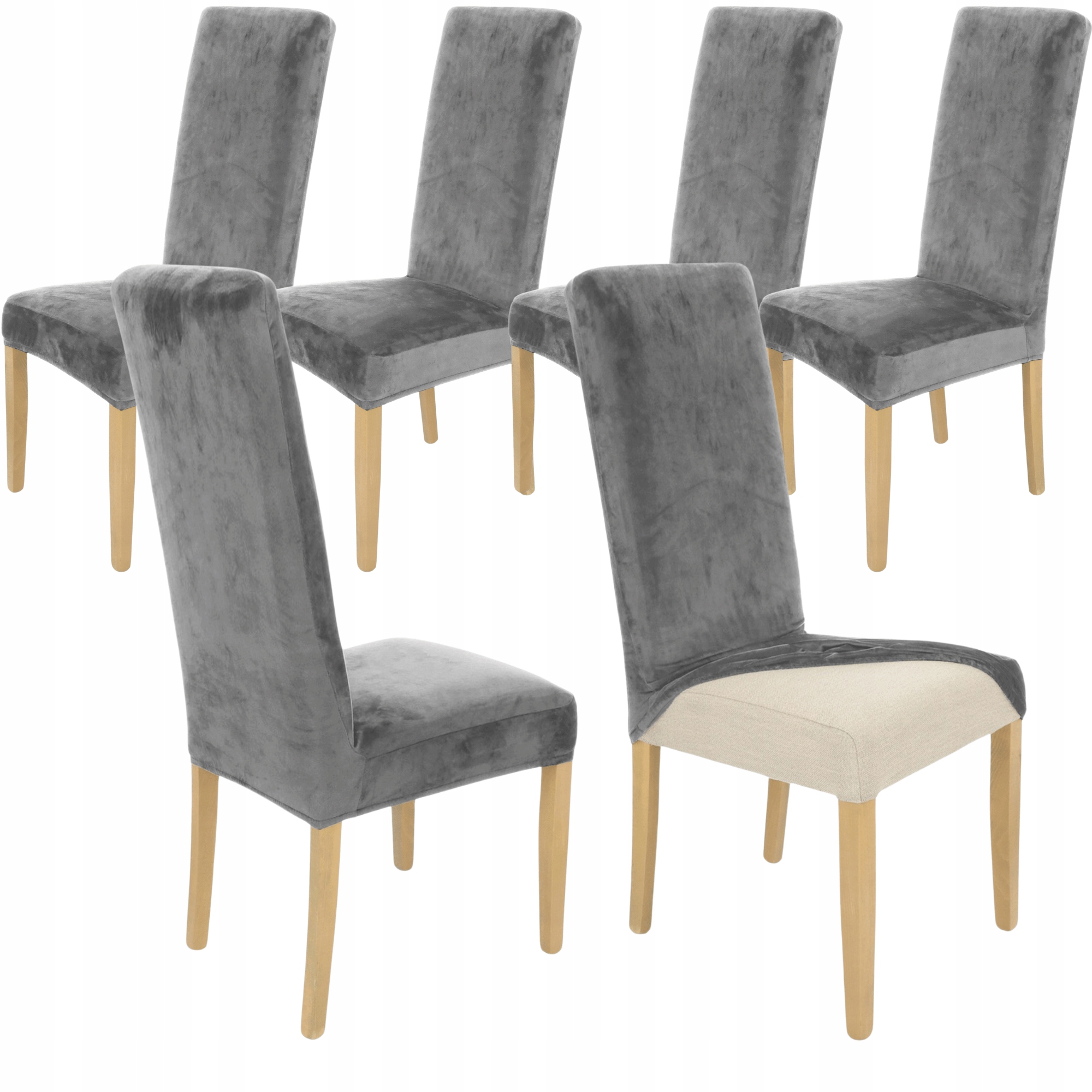Sada 6 Ks. Potah Na Židli S Vysokým Opěradlem Šedý Velur Elastický