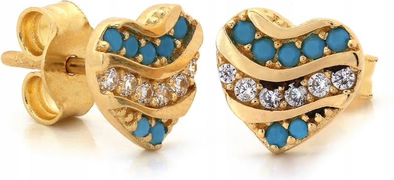 Náušnice zlaté 585 srdíčkové tyčinky s modrými kameny a zirkony