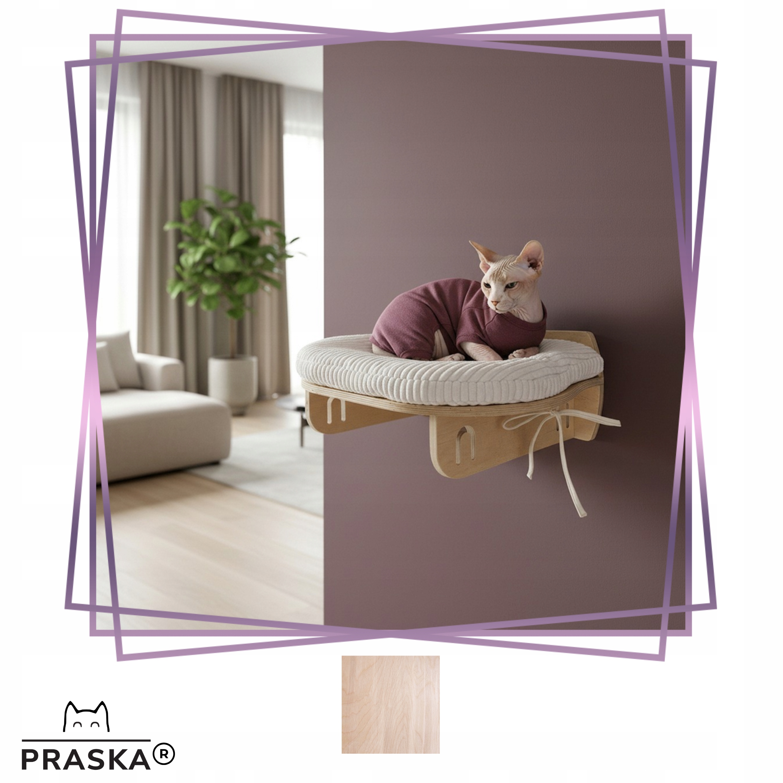 Praska polička na zeď pro kočky Ovalrest 50x35 cm, překližka Natural