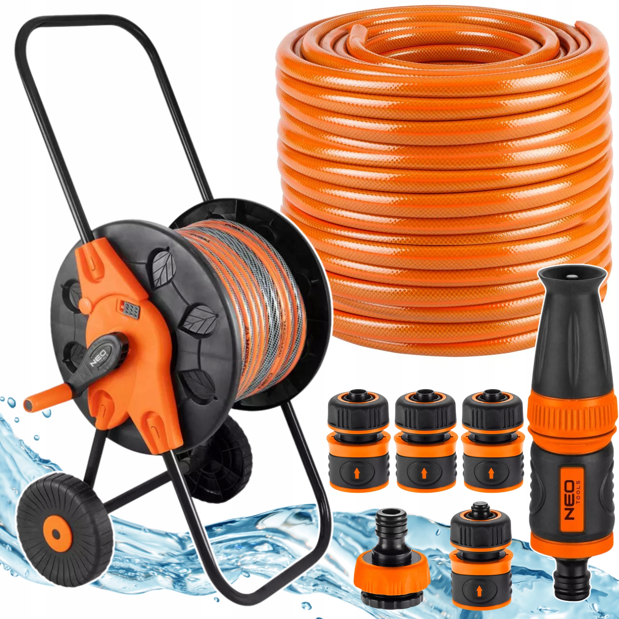 Neo Wąż Ogrodowy Mocny 50m 1/2" na Bębnie Dużym Zraszacz Złączki Zestaw