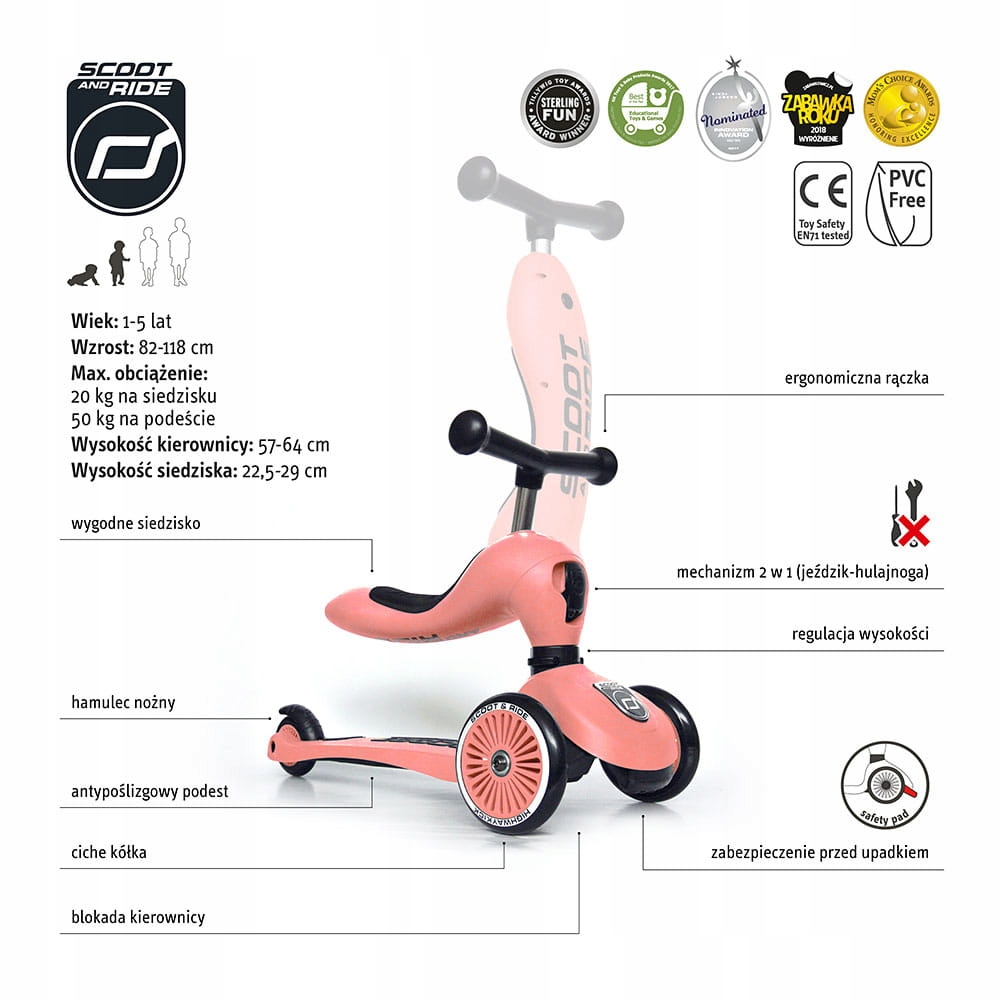 SCOOTANDRIDE 2w1 Jeździk - hulajnoga Peach+kask Rodzaj trójkołowa