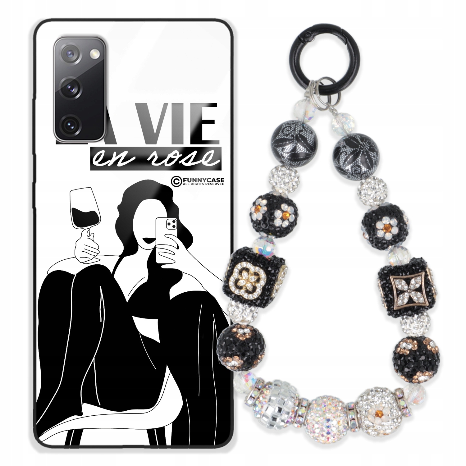 Puzdro Pre Samsung S20FE Glass Ženské Čierno-biele Kľúčenka Strieborné Zirkóny