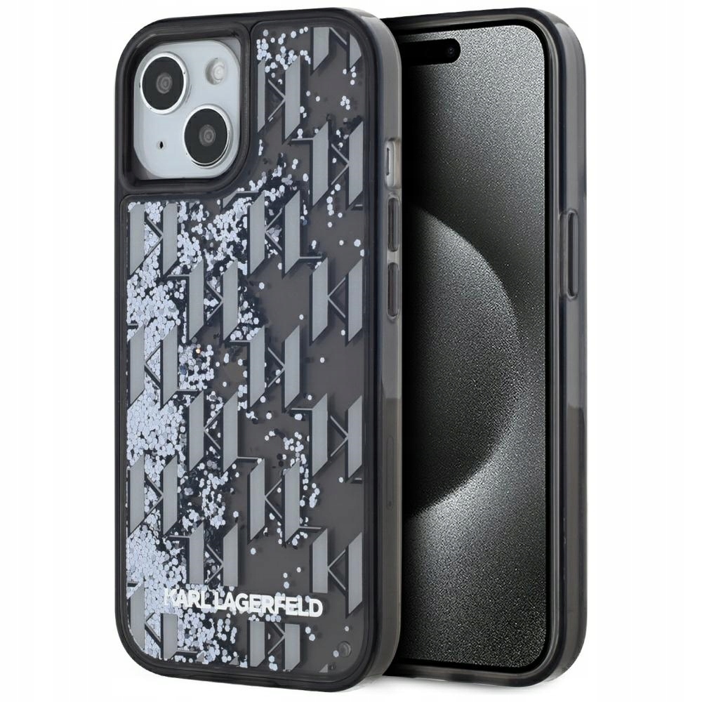 Pouzdro Karl Lagerfeld Liquide Glitter Monogram Gradient pro iPhone 15, černé