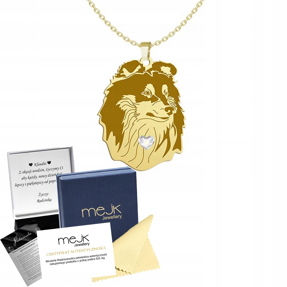 Zlatý náhrdelník se psem Shetlandský ovčák 925 Dárek Řetízek Gravírování