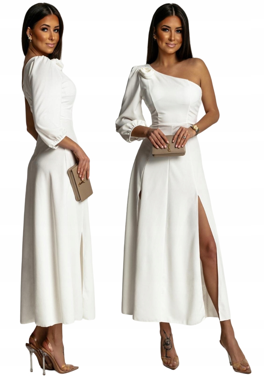 BIAŁA ELEGANCKA WIZYTOWA SUKIENKA Z ROZCIĘCIEM I KWIATEM STYLOWA NA ŚWIĘTA