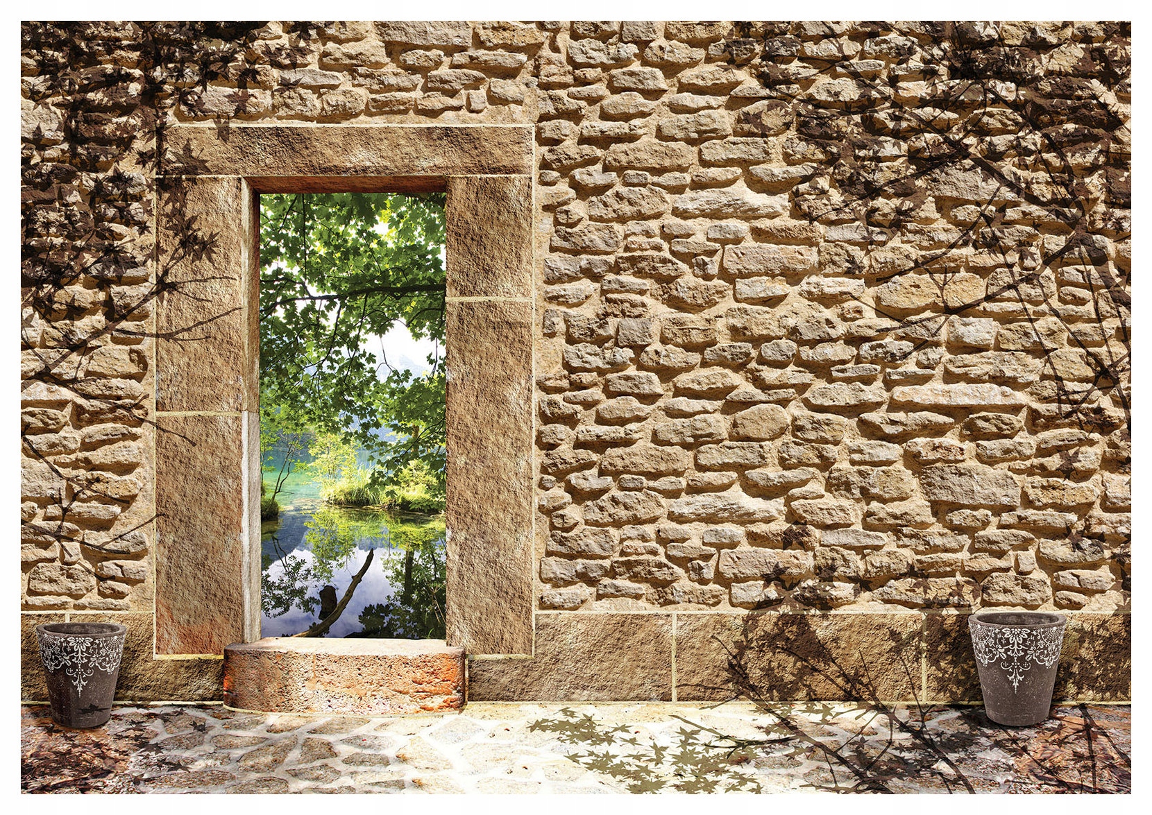 Vliesová fototapeta Okno na přírodu Vodopád Kámen stěna 312x219 lepidlo