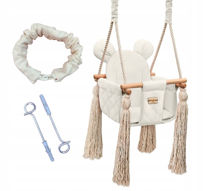 BABYSTEPS HUŚTAWKA DO POKOJU DZIECIĘCEGO ECRI ZESTAW +PASY +HAKI