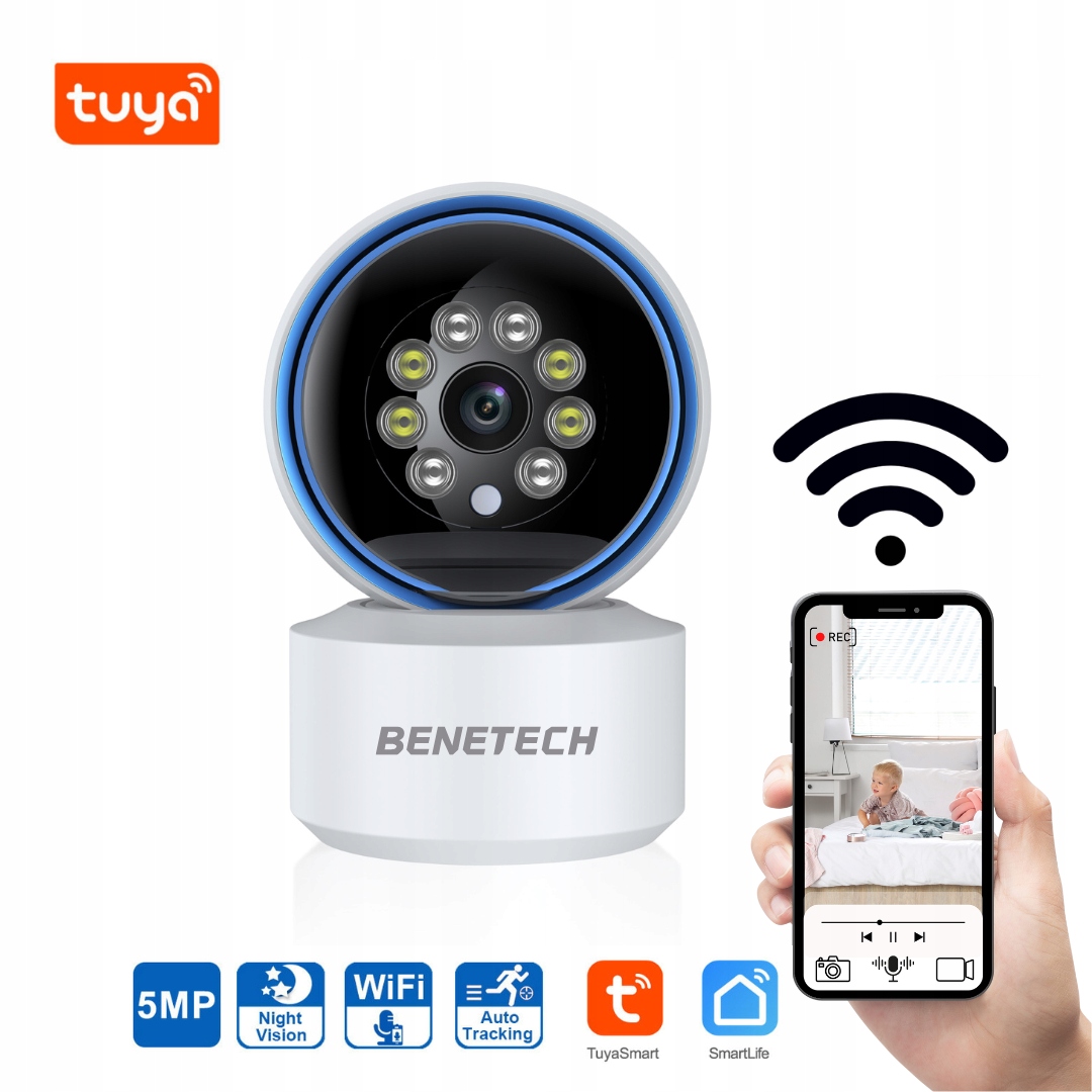 Vnitřní Volně Stojící 5Mpx Síťová Wifi Kamera Pro Dítě Seniora Tuya