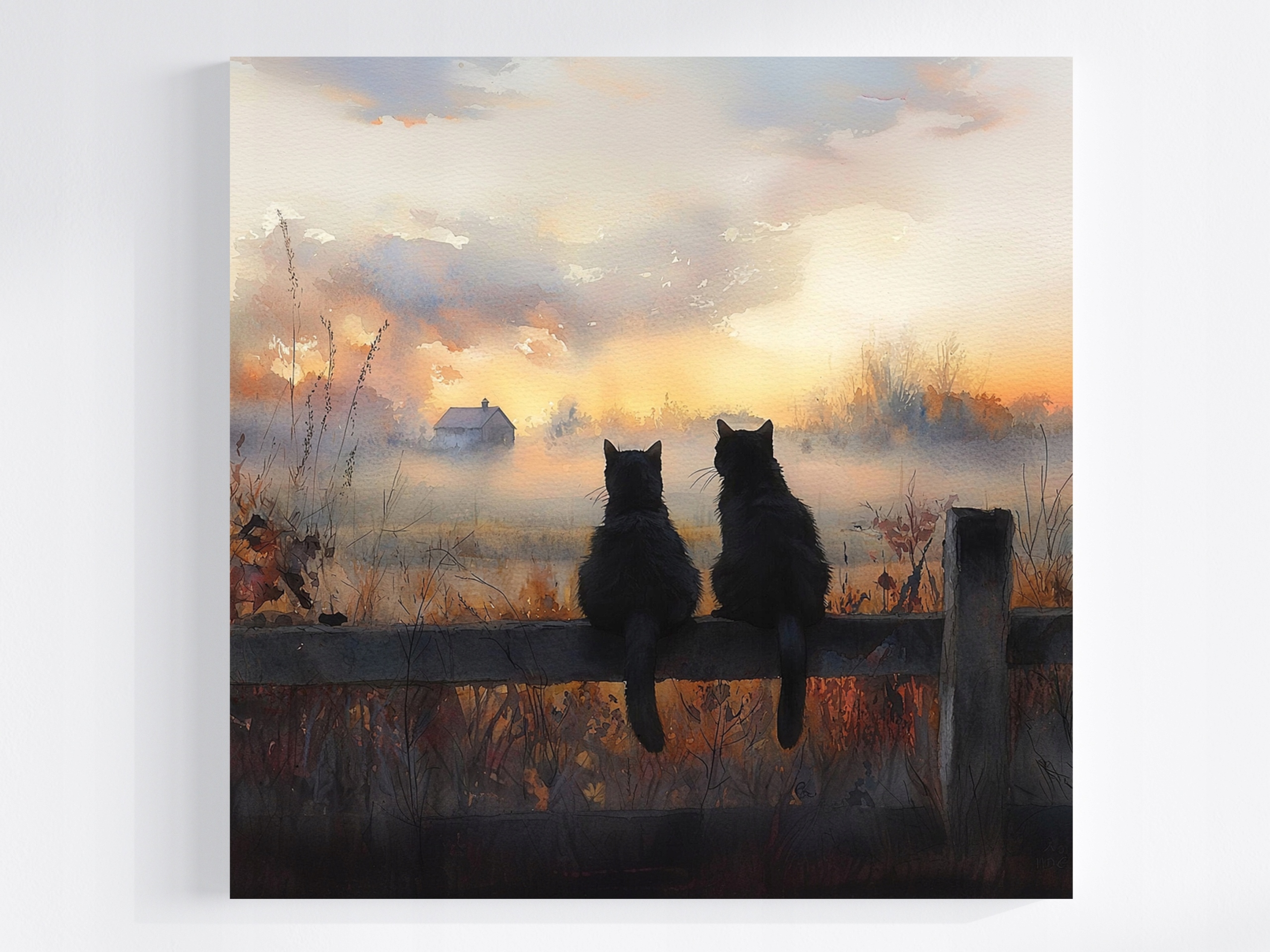 Obraz Na Plátně Canvas Podzim Vesnice Louka Mlha Černé Kočky Přátelství 80x80