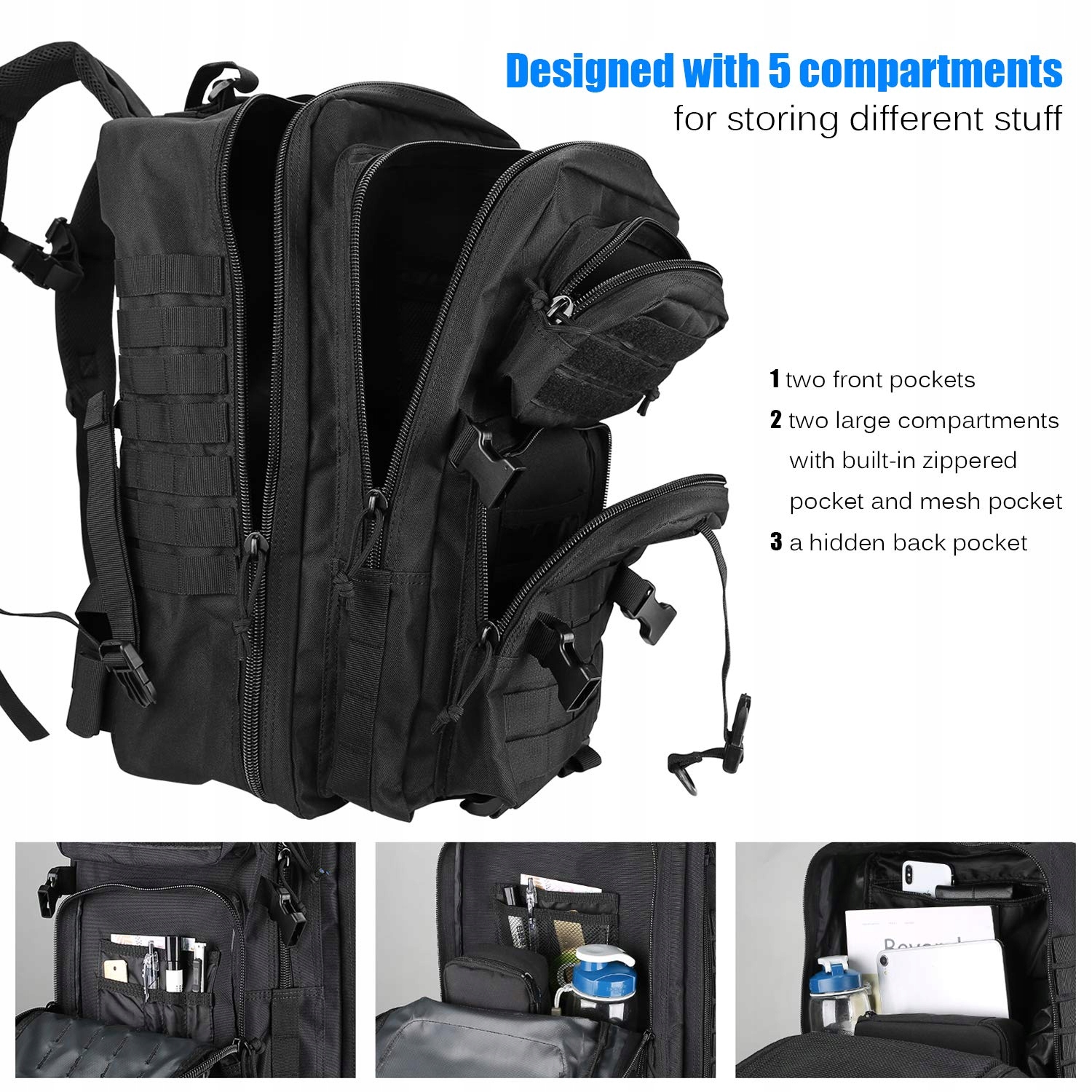 PROCASE Plecak Wojskowy 48L Survival Taktyczny Molle Outdoor Czarny — miniatura 4