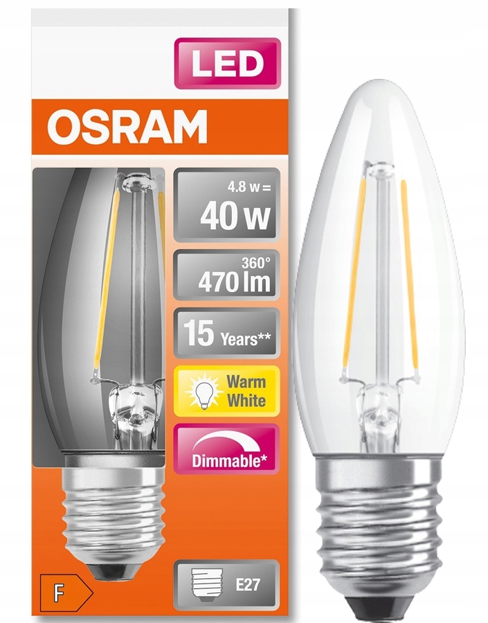 

Osram żarówka Led świeczka 4.8W= 40W 2700K DIM E27