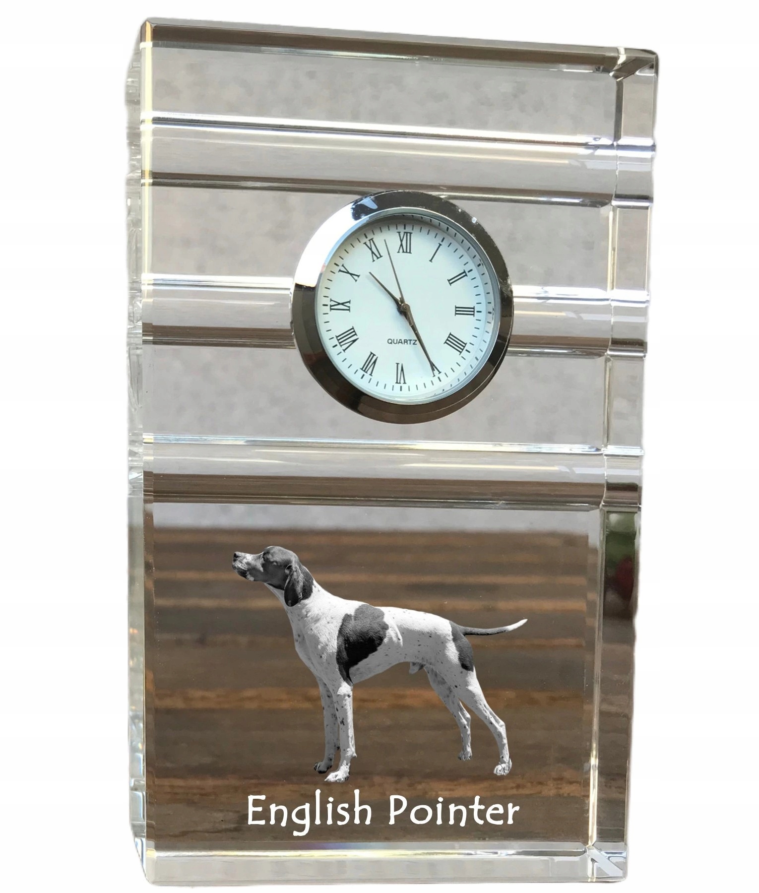 Pointer krištáľové stolové hodinky so psom, s vašou fotografiou, suvenír