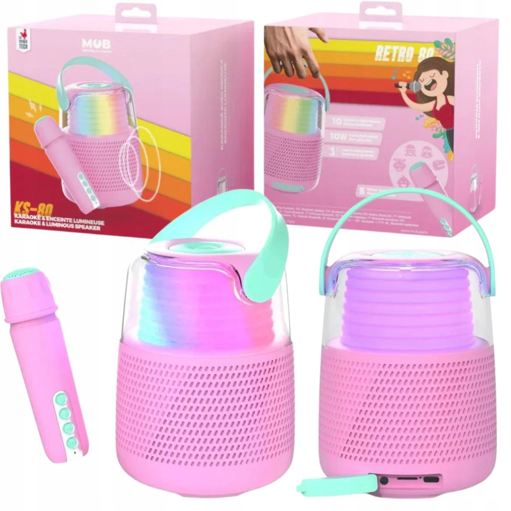 Bezdrátový přenosný karaoke set s Led podsvícením Mob, růžový