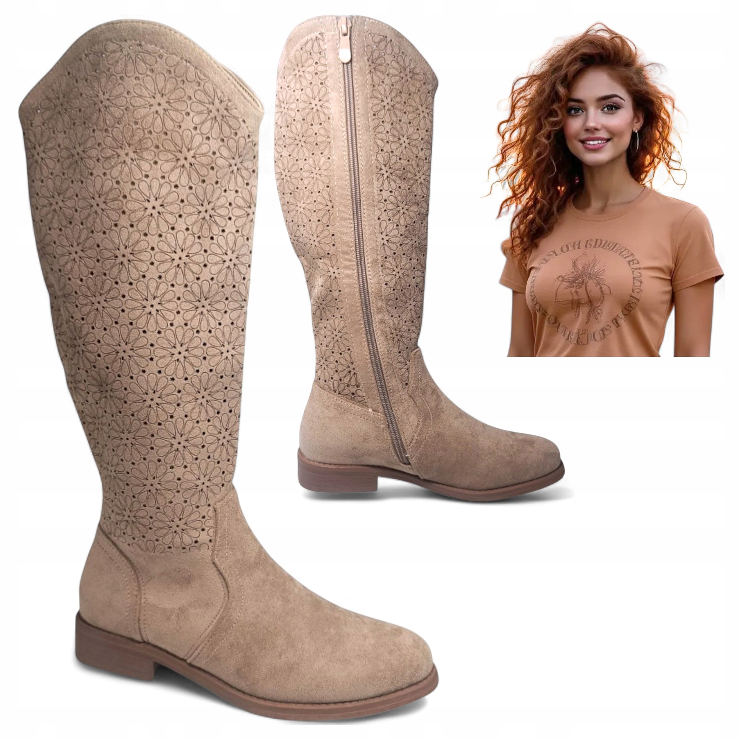 Dámské dlouhé kozačky 37 Ploché Kovbojské Boty Ažurové Semišové Podzimní Barski